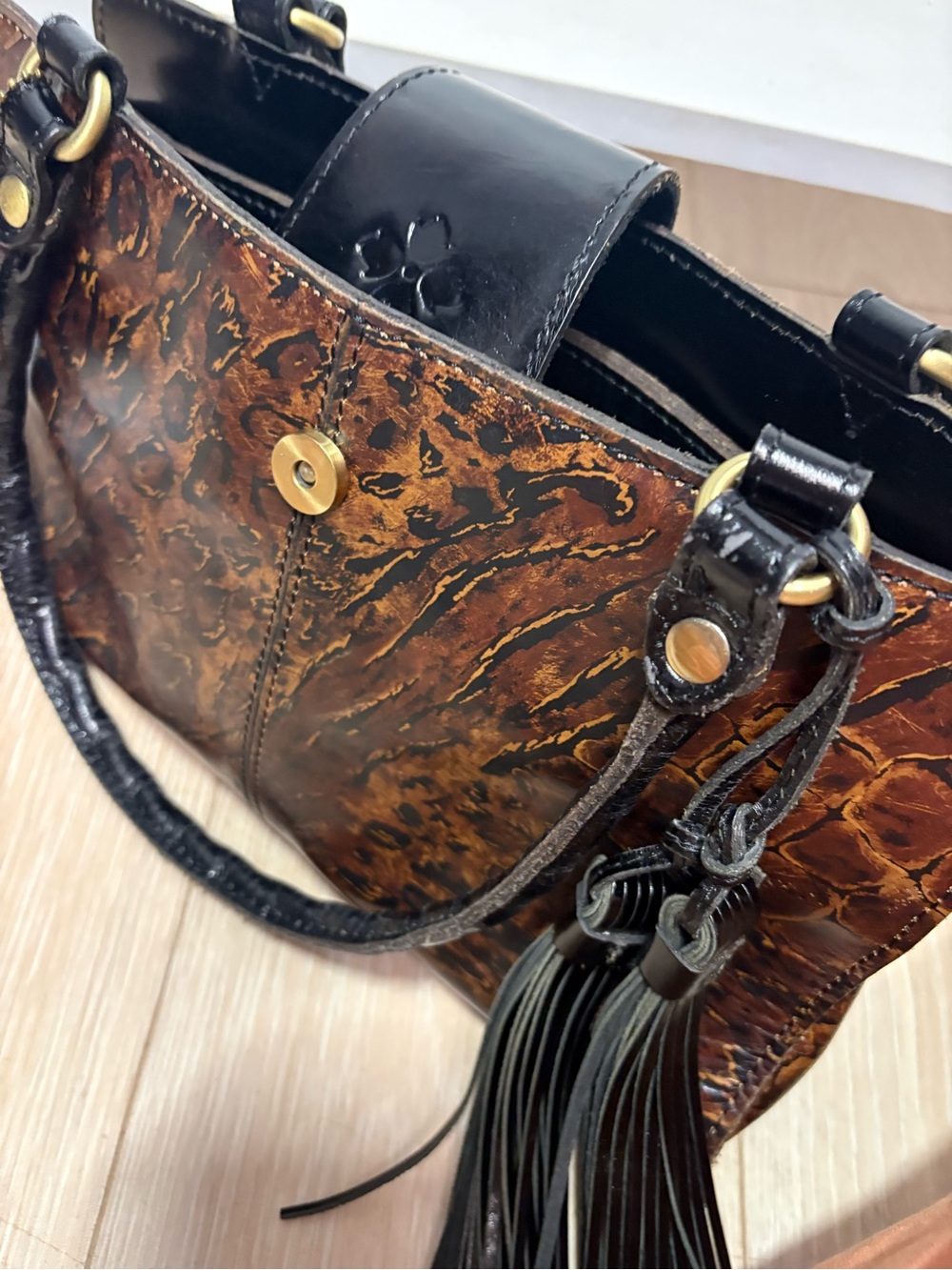 Patricia Nash Brown Leopard-Print Leather Satchel with Tassels - Picture 5 of 15